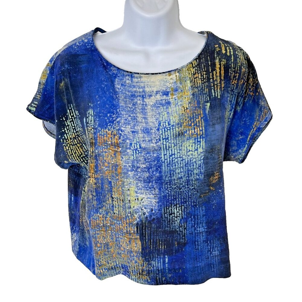 Lafayette 148 Women's S Silk Blouse Short Sleeve Boxy Abstract Print Office